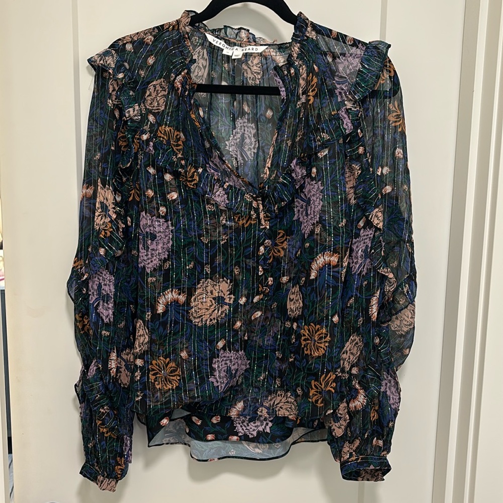 Veronica Beard Floral Ruffle Long-Sleeve Blouse in Black & Green